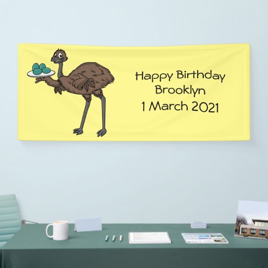 Emu met cartoon van eieren spandoek (Beurs)
