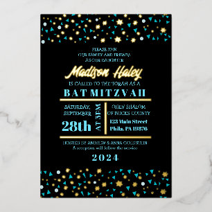 En Aluminium Aqua Stars Bar Bat mitzvah Invitation Gold Foil