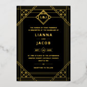 En Aluminium Art Déco Mariage Black Gold Foil Invitation (Recto)