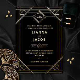 En Aluminium Art Déco Mariage Black Gold Foil Invitation