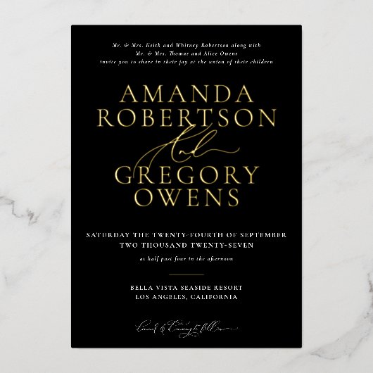 En Aluminium Black & Gold Et Script Élégant Mariage Invitation (Recto)