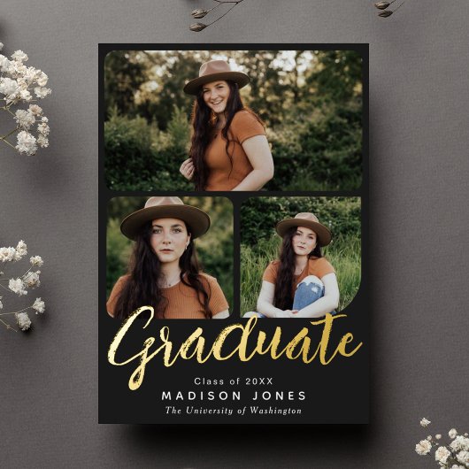 En Aluminium Black Script 4 Photos Graduation Party Invitation