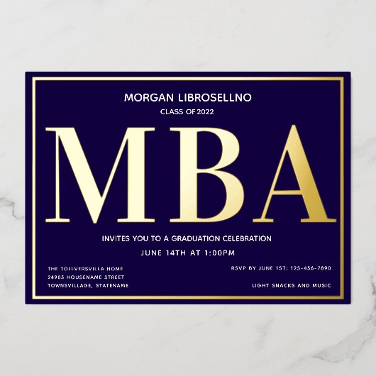 En Aluminium Bleu Gold MBA Graduation Foil Invitation (Recto)