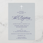 En Aluminium Blue Elegant Silver Cross Boy Baptism Invitation (Recto)