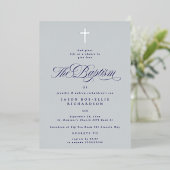 En Aluminium Blue Elegant Silver Cross Boy Baptism Invitation (Debout devant)