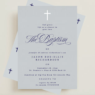 En Aluminium Blue Elegant Silver Cross Boy Baptism Invitation