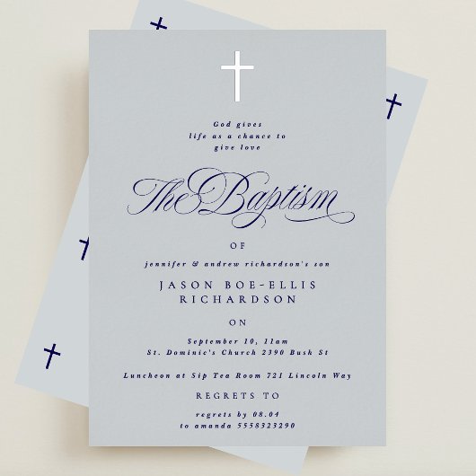 En Aluminium Blue Elegant Silver Cross Boy Baptism Invitation