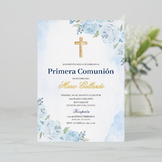 En Aluminium Blue Floral Bautizo Espagnol Invitation (Debout devant)