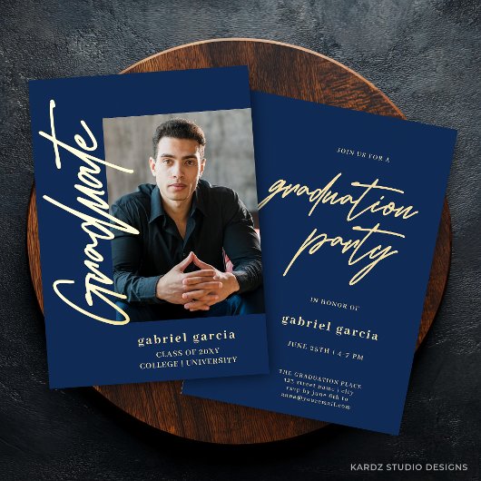 En Aluminium Blue Gold Modern Graduation Invitation