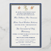 En Aluminium Blue & Gold Two Hearts Catholic Wedding Invitation (Recto)