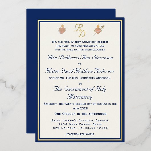 En Aluminium Blue & Gold Two Hearts Catholic Wedding Invitation (Recto/Verso)