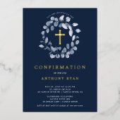 En Aluminium Blue Leaf Boys Confirmation Foil Invitation (Recto)