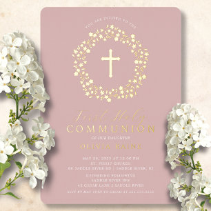 En Aluminium Blush Floral Girls First Communion Foil Invitation
