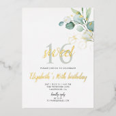 En Aluminium Boho Eucalyptus Feuilles Sweet 16 Foil Invitation (Recto)