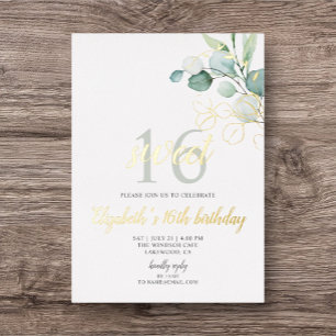 En Aluminium Boho Eucalyptus Feuilles Sweet 16 Foil Invitation