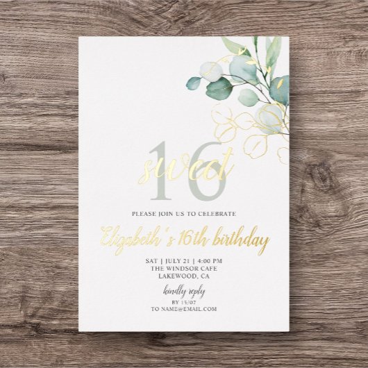 En Aluminium Boho Eucalyptus Feuilles Sweet 16 Foil Invitation