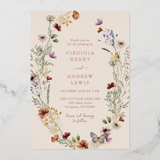 En Aluminium Boho Floral Rose Gold Mariage Foil Invitation (Recto)