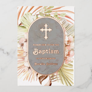 En Aluminium Boho Peach Floral Bouquet Baptism Foil Invitation