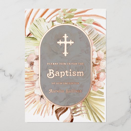 En Aluminium Boho Peach Floral Bouquet Baptism Foil Invitation (Recto)