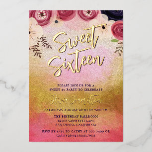 En Aluminium Chic Aquarelle Floral Sweet 16 Foil Invitation