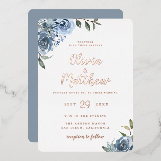 En Aluminium Dusty Blue Botanical Mariage Foil Invitation (Recto/Verso)