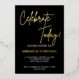 En Aluminium  Elegant Black and Gold Foil Birthday Invitation