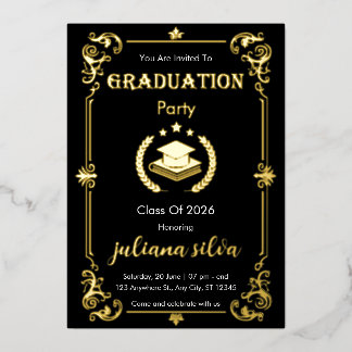 En Aluminium Elegant Black & Gold Foil Graduation Invitation