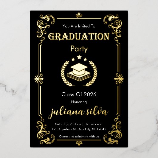 En Aluminium Elegant Black & Gold Foil Graduation Invitation (Recto)