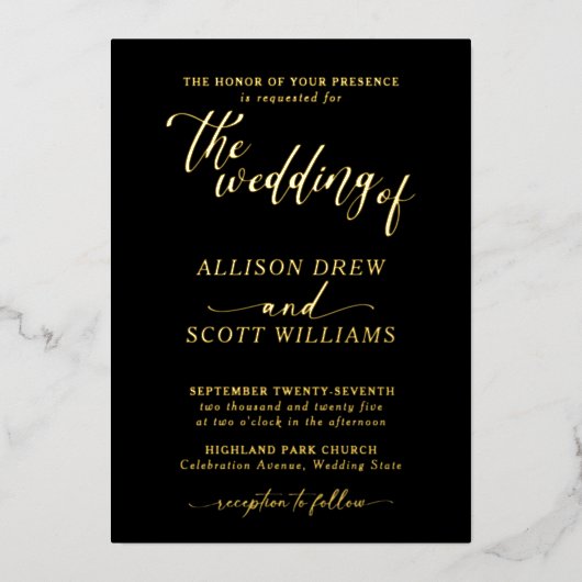 En Aluminium Elégant Black Gold Script Mariage Foil Invitation (Recto)