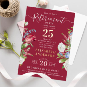 En Aluminium Élégant Burgundy Retraite Floral Foil Invitation