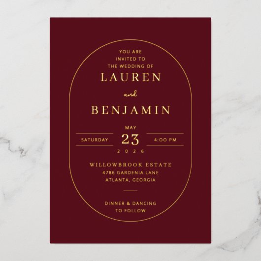 En Aluminium Elegant Maroon Gold Wedding Invitation (Recto)