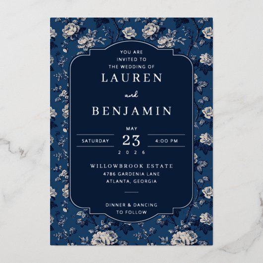 En Aluminium Elegant Navy Floral Wedding Invitation (Recto)