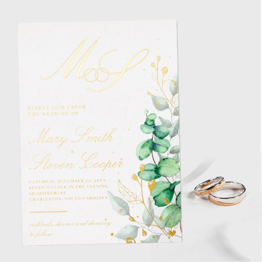 En Aluminium Eucalyptus et or Mariage Foil Invitation
