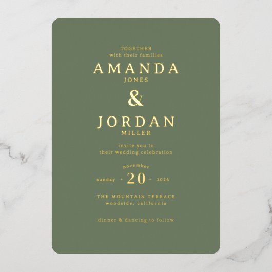 En Aluminium Faire invitation de mariage typographique vert élé (Recto)