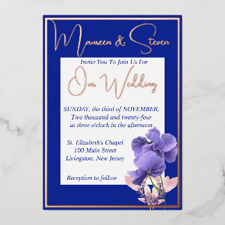 En Aluminium Fleurs violettes sur invitation de mariage bleu ro