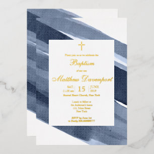 En Aluminium Gold Blue Boy Baptême Foil Invitation