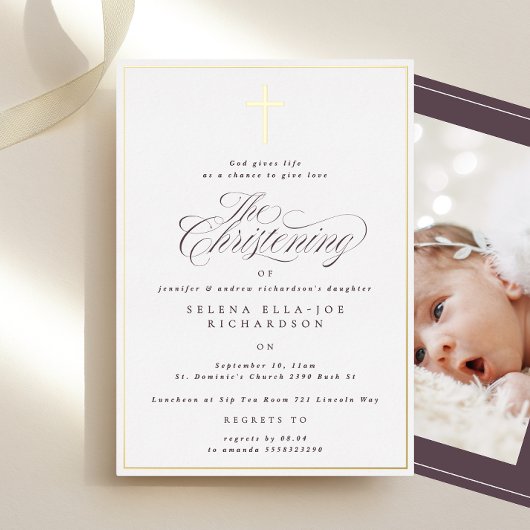 En Aluminium Gold Frame Cross Christening Photo Invitation