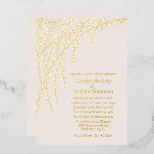 En Aluminium Gold Willows Ivory Mariage Foil Invitation (Recto/Verso)