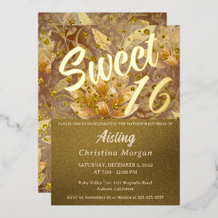 En Aluminium Golden Floral Sweet 16 Invitation Foil Invitation