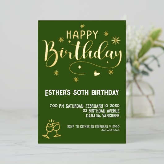 En Aluminium Golden Script Anniversaire Foil Invitation (Debout devant)