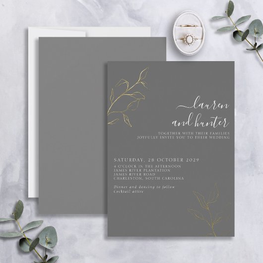 En Aluminium Gris Script Gold Botanique Mariage Foil Invitation