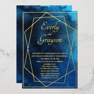 En Aluminium Invitation à l'huile Mariage bleu et or géométriqu