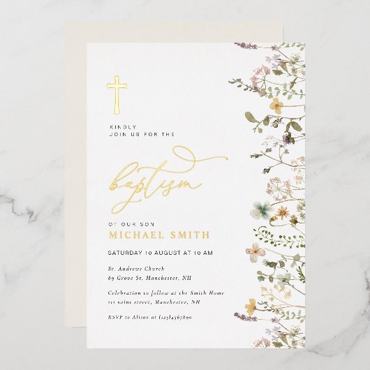 En Aluminium invitation au baptême fleur sauvage de feuille d'o (Recto/Verso)