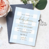 En Aluminium Invitation Baby Shower Gingham Bleu avec Feuille d