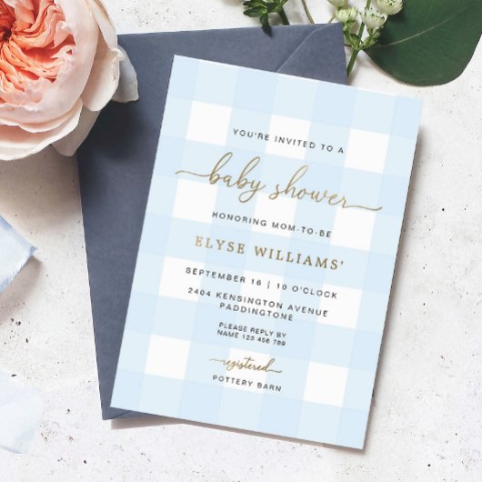 En Aluminium Invitation Baby Shower Gingham Bleu avec Feuille d
