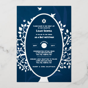 En Aluminium Invitation Bar Mitzvah FOIL REEL Arbre de Vie Or