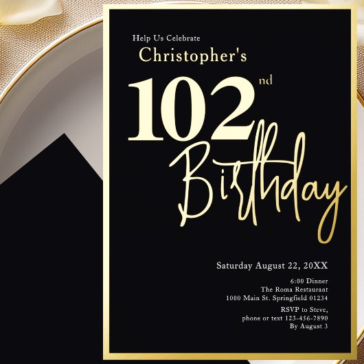 En Aluminium Invitation d'anniversaire 102 ans moderne à feuill