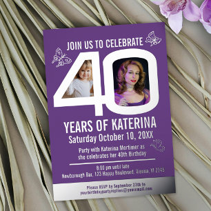 En Aluminium Invitation d'anniversaire 40 ans violet argent pap