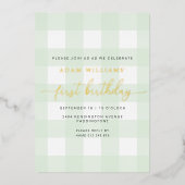 En Aluminium Invitation d'anniversaire premier vert gingham feu (Recto)
