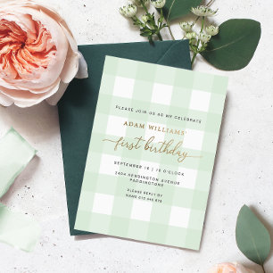 En Aluminium Invitation d'anniversaire premier vert gingham feu